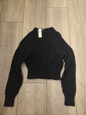 NEW Anthropologie Black Cable-Knit Cropped Crewneck Sweater